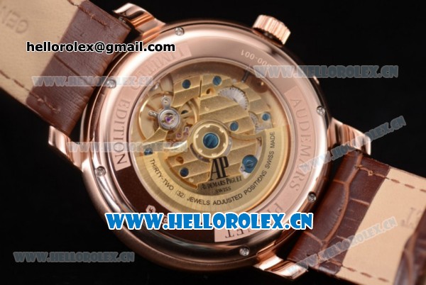 Audemars Piguet Jules Audemars Dual Time Asia ST25 Automatic Rose Gold Case Silver Dial Stick Markers and Brown Leather Strap - Click Image to Close